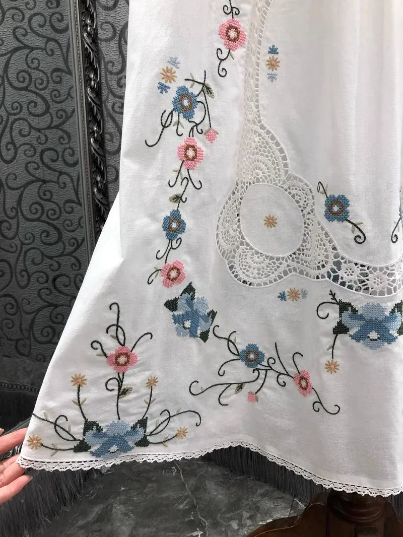 Women Crochet Lace Embroidery Floral White Yellow Dress Linen