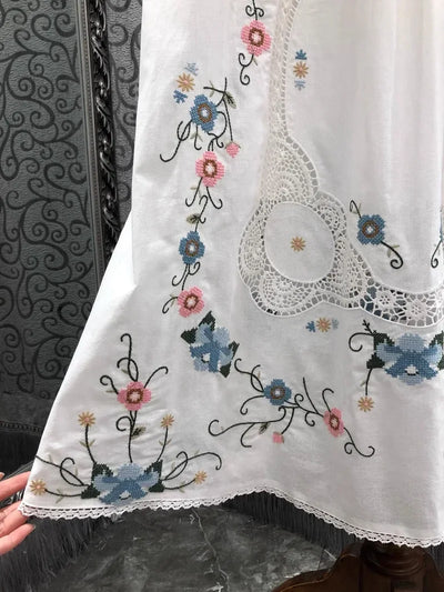 Women Crochet Lace Embroidery Floral White Yellow Dress Linen