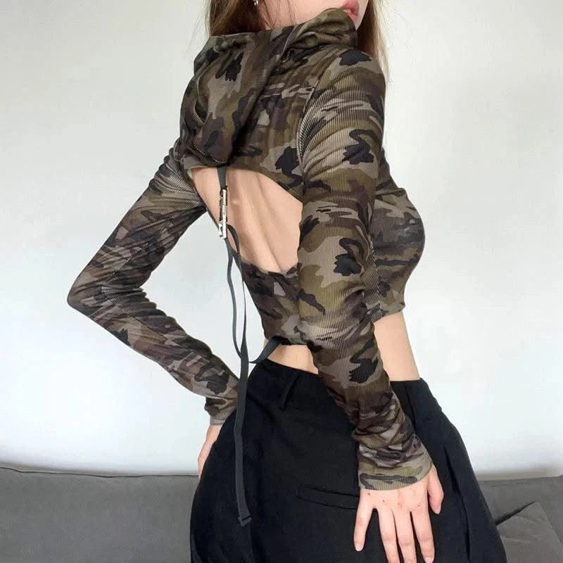 American Camo Streetwear Tops Women Back Hollow Out