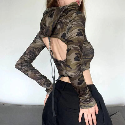 American Camo Streetwear Tops Women Back Hollow Out