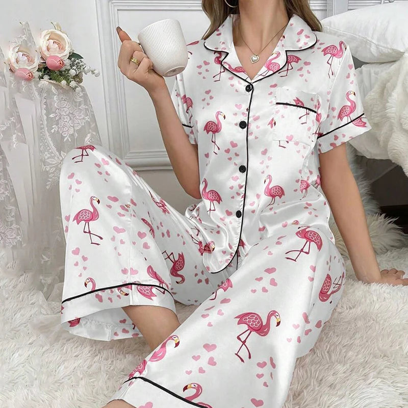 Women's Pajamas Elegant Satin Sleepwear Pj Set Flower Print Short Sleeve Buttons Lapel Tops & Long Pants Nightwear Home Clothes