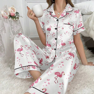 Women's Pajamas Elegant Satin Sleepwear Pj Set Flower Print Short Sleeve Buttons Lapel Tops & Long Pants Nightwear Home Clothes