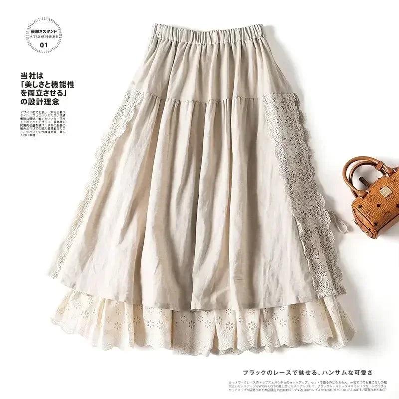 Vintage chic embroidery linen cotton long skirts women summer elastic high waist pleated maxi skirt female elegant
