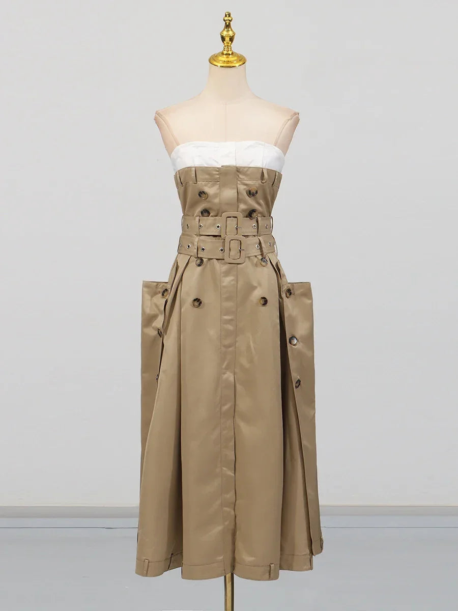 VGH Ameican Retro Irregular Cargo Dresses for Women Strapless Sleeveless High Waist Spliced Double Sashaes Midi Dress Female New