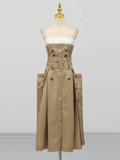 VGH Ameican Retro Irregular Cargo Dresses for Women Strapless Sleeveless High Waist Spliced Double Sashaes Midi Dress Female New