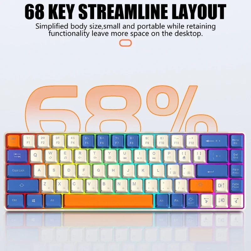 Compactly Mechanical Gaming Keyboard 68Key with LED Backlits Clear Letter for Office Home Use for Typing Gaming Keyboard