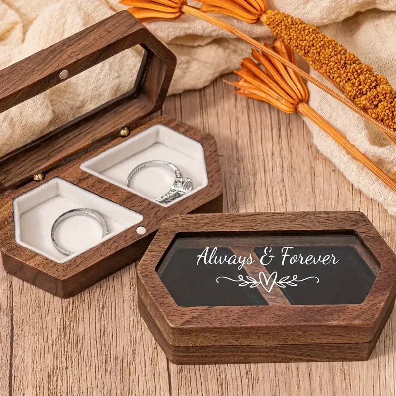 Engraved Wooden Ring Box, Double Slot, Perfect for Wedding, Proposal Rings, Romantic Gift for Wife, Jewelry, Always & Forever"