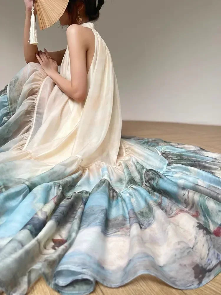 Summer Women Fashion Vintage Casual Print Midi Dress Sleeveless A-Line Pleated Party Birthday Dresses Female Clothes Robe New