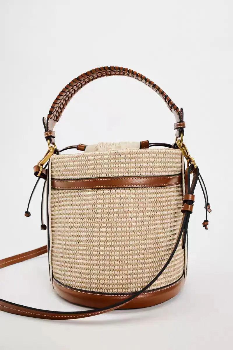 Fashion straw bucket bag weave women handbags designer panelled shoulder crossbody bags casual summer beach small tote