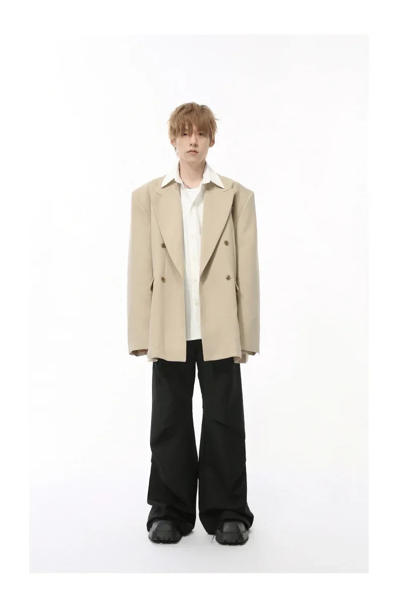 IEFB Korean Style Men's Blazers Double Breasted Shoulder Padded Tops Turn-down Collar Solid Color Loose Male Suit Jackets 9C8669