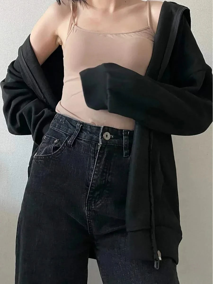 Women's Long Sleeve Oversized Zip Up Hooded Sweatshirt Y2k Loose Streetwear Black Solid Fleece Zip Hoodie