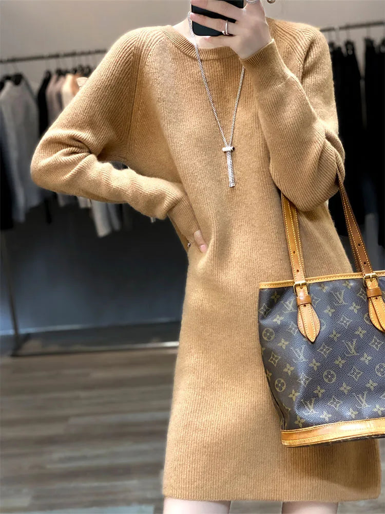 Knit Dresses for Women's Fashion Sweater 100% Merino Wool Winter Ladies O-Neck Warm Knitted Dress Fall Female Casual Black Skirt