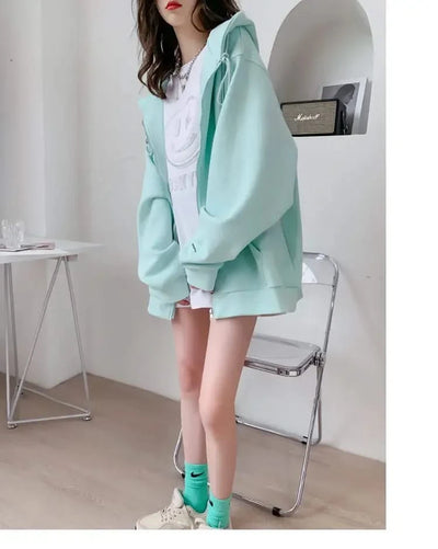 Casual Zip up Hooded Sweatshirt Candy Colour for Women Tops