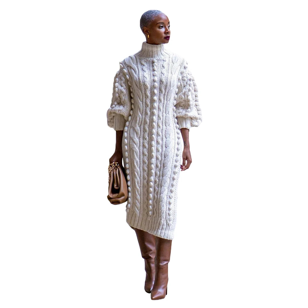 Womens Knitted Dresses High Neck Long Sleeve Sweater Dress with Split Ladies Vintage Knit Midi Dress Casual Fashion Winter