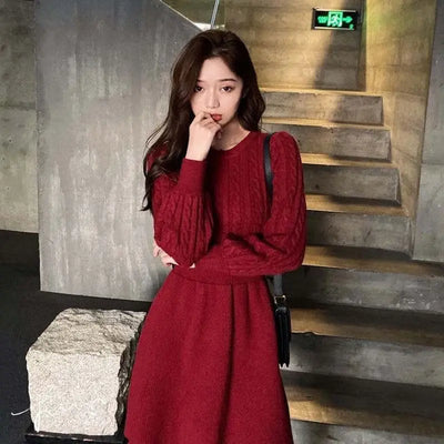 Knitted Dress for Women in Autumn Winter French Temperament Waist-hugging Base Underwear with Coat Sweater Skirt