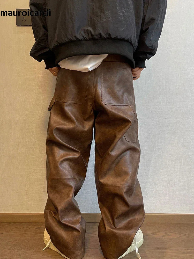 Mauroicardi Autumn Long Retro Cool Baggy Distressed Washed Brown Soft Pu Leather Wide Leg Pants for Men Luxury Designer Clothes