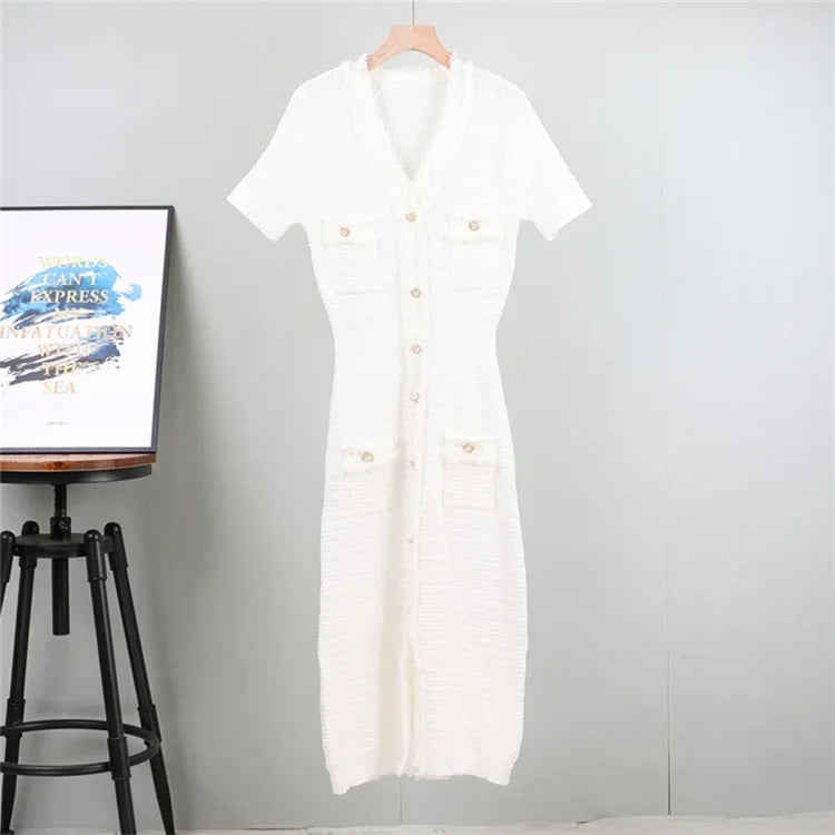 Summer Women Simple White Black Dresses Office Sheath Pencil Midi Dress Elegant Knitted Bodycon Party Casual Vestido