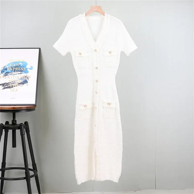 Summer Women Simple White Black Dresses Office Sheath Pencil Midi Dress Elegant Knitted Bodycon Party Casual Vestido