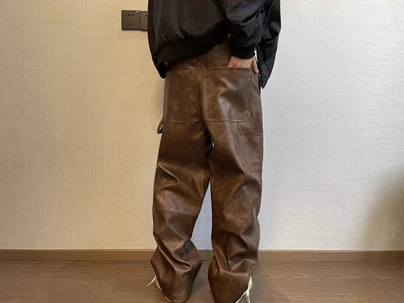 Mauroicardi Autumn Long Retro Cool Baggy Distressed Washed Brown Soft Pu Leather Wide Leg Pants for Men Luxury Designer Clothes
