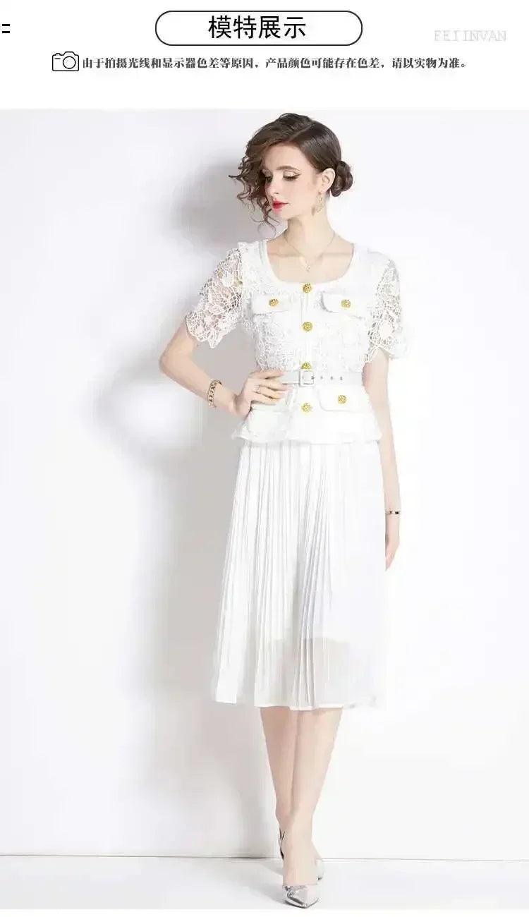 Luxury evening dress women summer vacation short sleeve pleated lace chiffon long dresses white single breasted midi