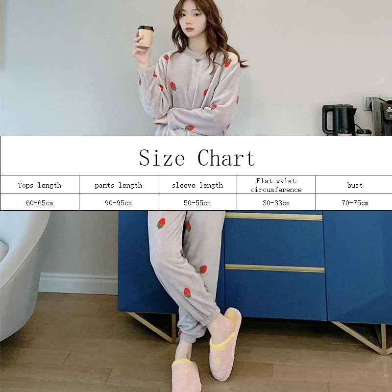 Women Pyjamas Sets 2025 Autumn Winter Warm Flannel Strawberry Coral Long Sleeve Girls Sleepwear Casual Fleece Pajamas Homewear