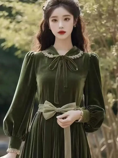 High Quality Red Velvet Dresses Women French Style Vintage Evening Party Vestidos Mujer Autumn Winter Elegant A-line Long Dress