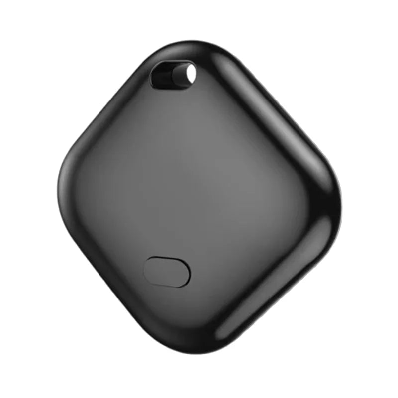 Black square smart iTag tracker with rounded edges and screen, works with Find My app