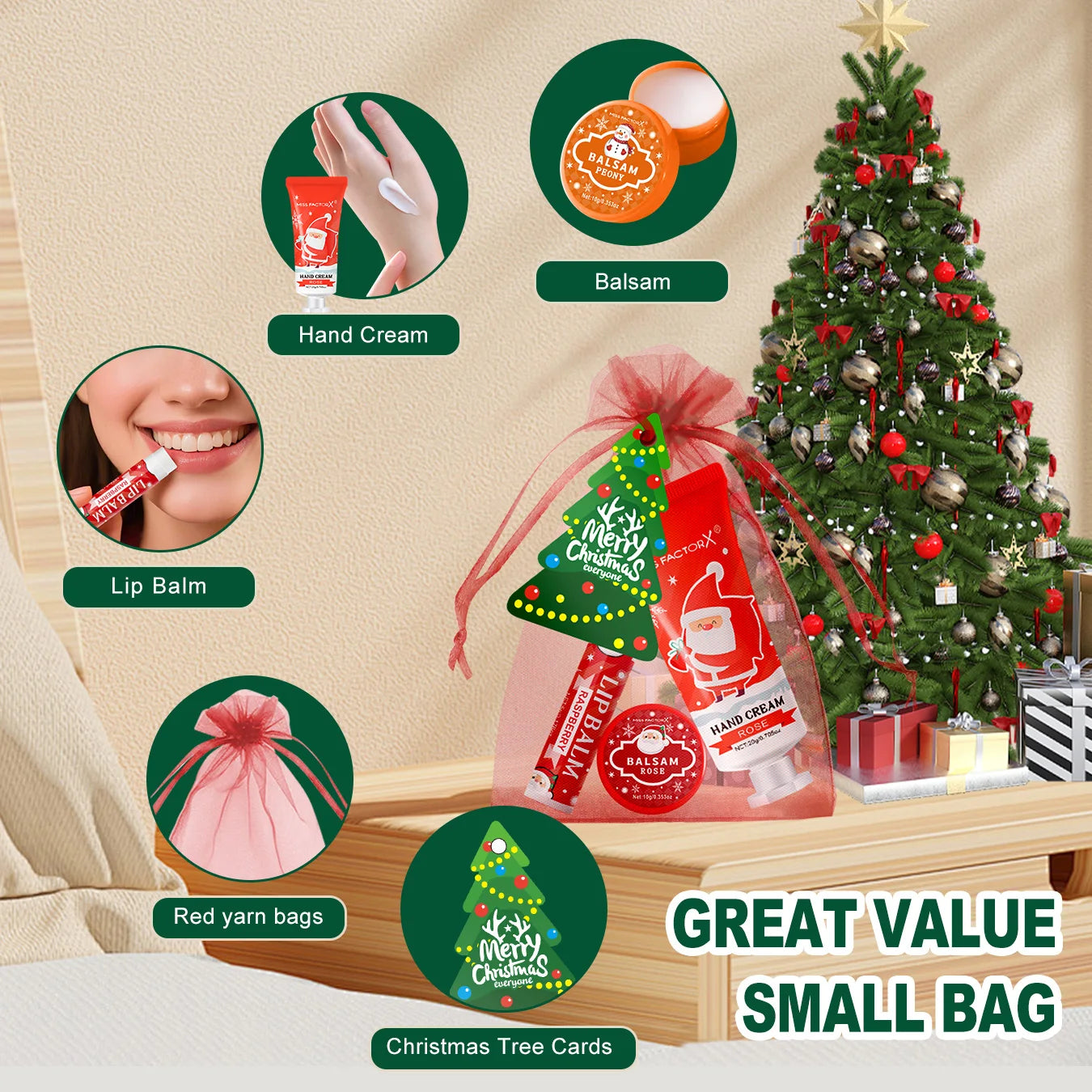 Christmas gift set -100 pieces/box batch lipstick, hand cream, balm, Christmas tree card and red organza bag