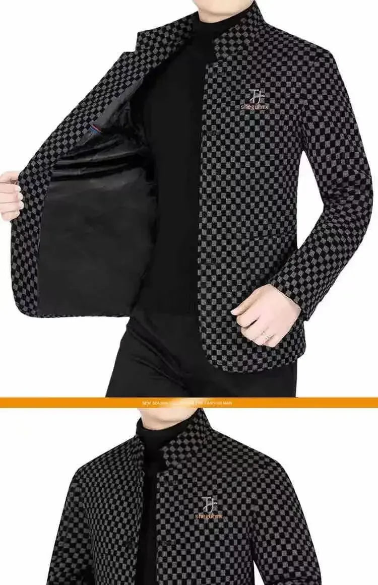 High Quality Men's Blazers Business Casual Stand Collar Woolen Jacket Classic Plaid Retro Versatile Tops Streetwear Coats