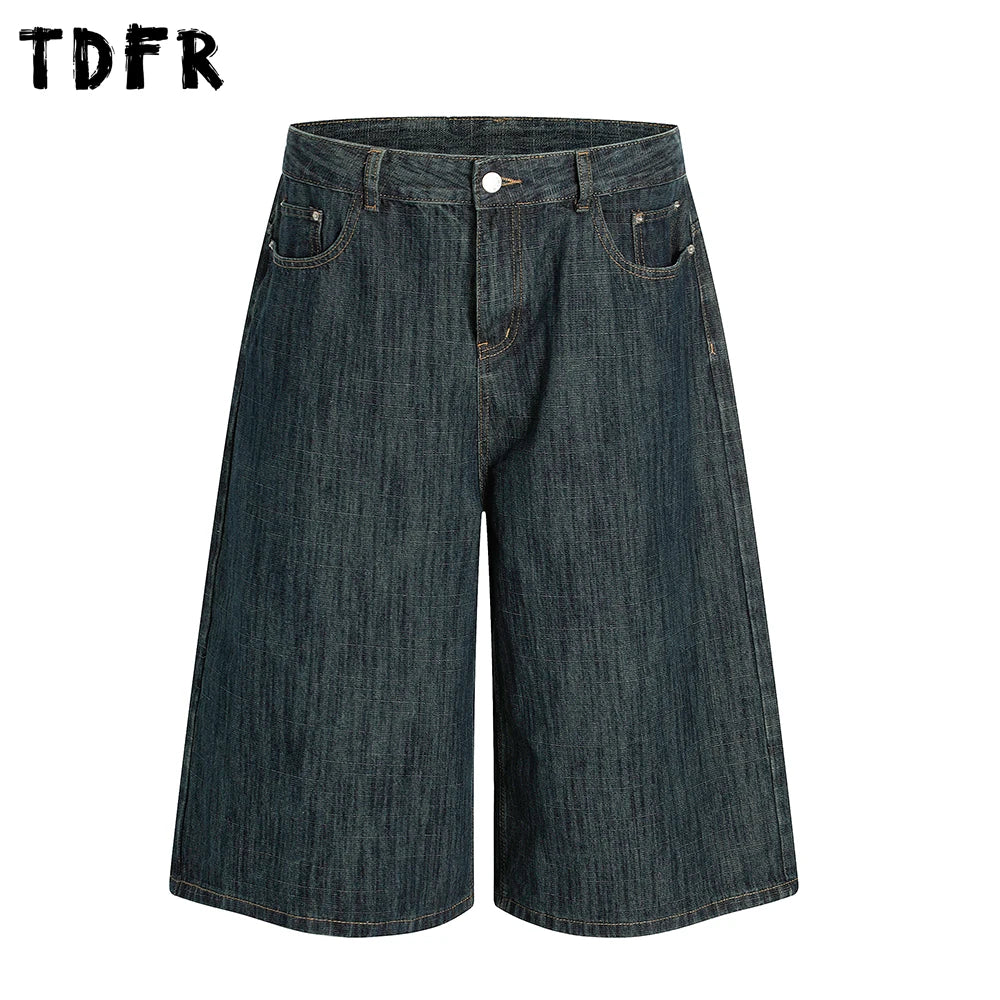 Retro Jacquard Denim Shorts Mens Pocket Summer Streetwear Washed Distressed Loose Wide Leg Short Jeans Men