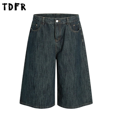 Retro Jacquard Denim Shorts Mens Pocket Summer Streetwear Washed Distressed Loose Wide Leg Short Jeans Men