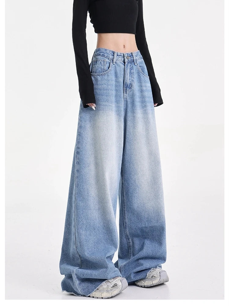 Women's Wide Leg Retro Blue Jeans Cool Girl Street Style Fashion Bottoms Female High Waist Straight Loose Denim Trousers