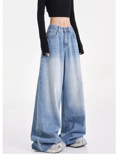 Women's Wide Leg Retro Blue Jeans Cool Girl Street Style Fashion Bottoms Female High Waist Straight Loose Denim Trousers