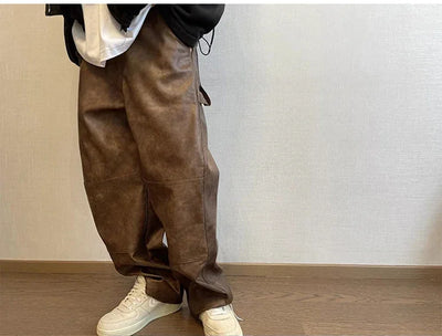Mauroicardi Autumn Long Retro Cool Baggy Distressed Washed Brown Soft Pu Leather Wide Leg Pants for Men Luxury Designer Clothes