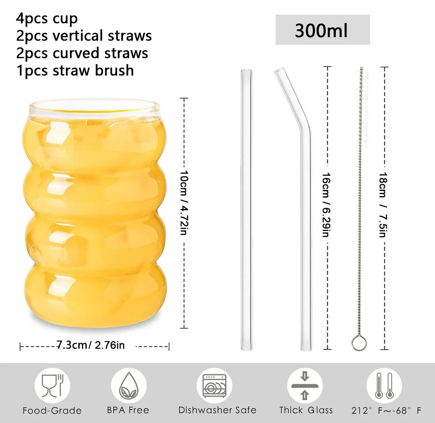 4pcs Creative Glass Cups Coffee Mug Clear Drinking Glasses Ribbed Glassware Cups With Straws Set Cocktail Fruit Glass Drinkware