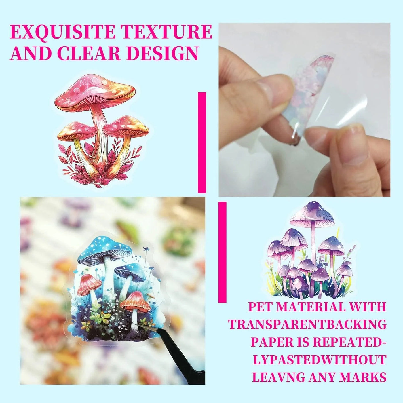 50 PCS Various Mushroom PET Stickers Creative Mushroom Theme Decorative Stickers Waterproof Retro Plant Mushroom Stickers