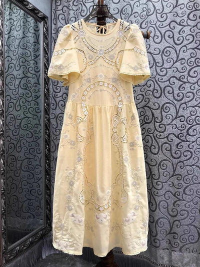 Women Crochet Lace Embroidery Floral White Yellow Dress Linen