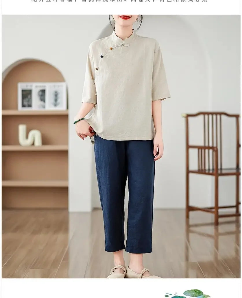 Women's Retro Linen Short-Sleeved Top