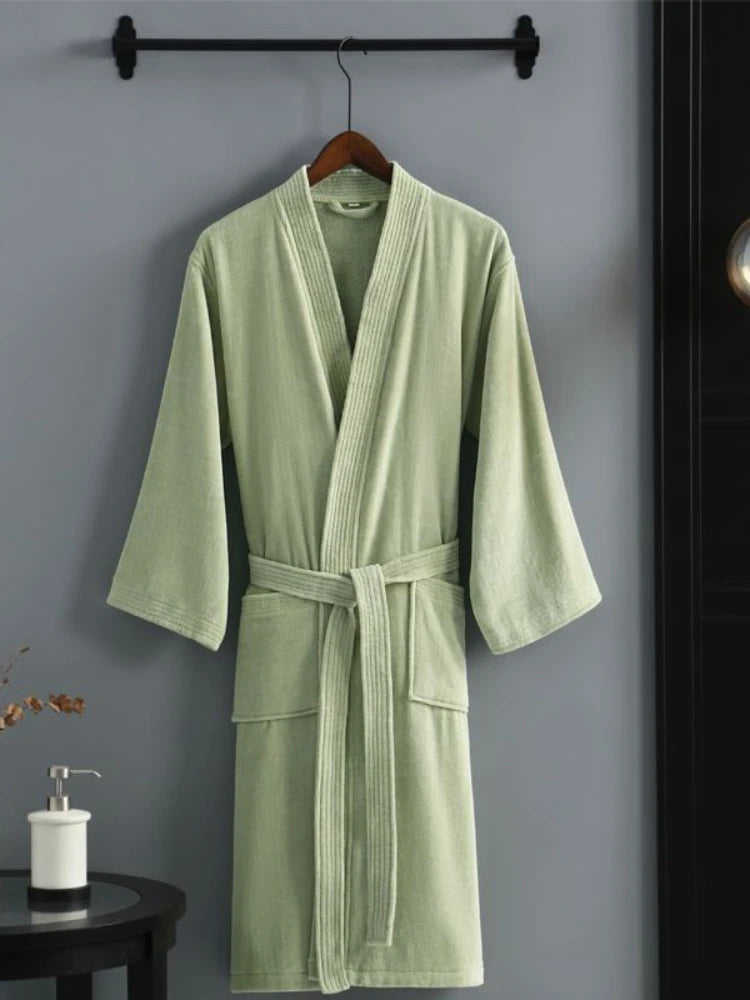 Women Towel Bathrobe 100%Cotton Long Thick Absorbent Terry Bath Robe Kimono Men LightWeight Waffle Solid Dressing Gown Sleepwear