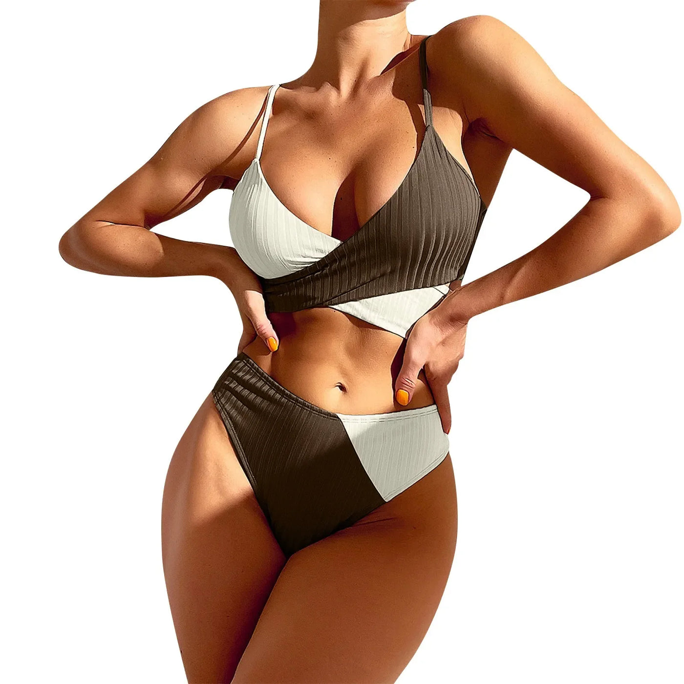 Summer Ladies Sexy High Waist Print Two Piece Bikini Sets Biquini Women Swimsuit Clothing Set Color Block Mujer Swimwear Suits