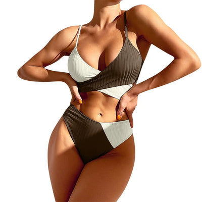 Summer Ladies Sexy High Waist Print Two Piece Bikini Sets Biquini Women Swimsuit Clothing Set Color Block Mujer Swimwear Suits