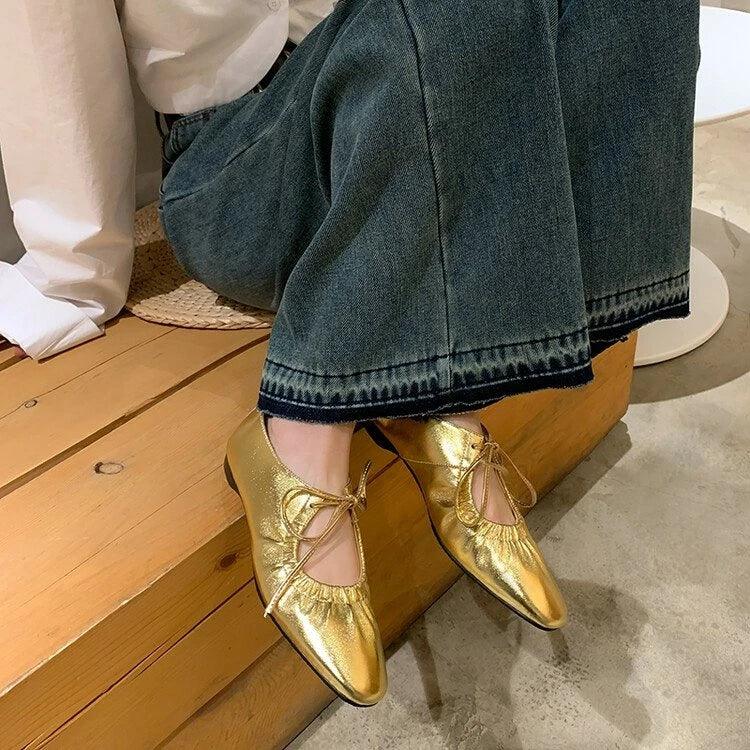 Women ballet leather narrow band flat shoes bling silver gold footwear