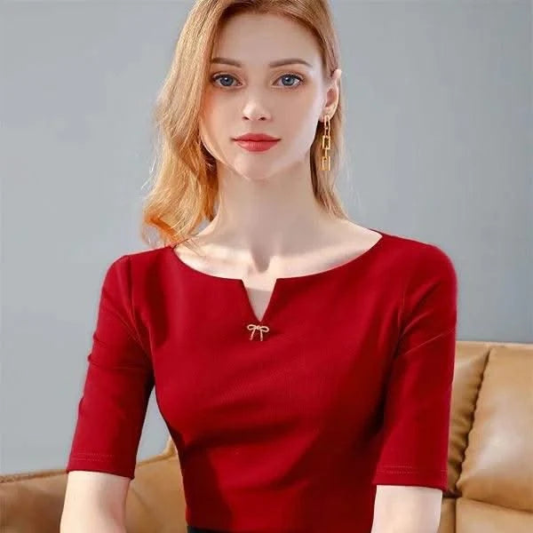 Women V-Neck Short Sleeve brooch Red Tops