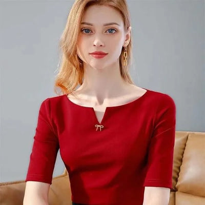 Women V-Neck Short Sleeve brooch Red Tops