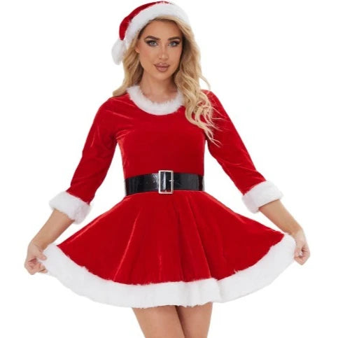 Christmas Women Dress Sexy Santa Costume Performance Outfit Adult Festive Cosplay Femininos Uniform Set with Hat Party Dresses