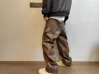 Mauroicardi Autumn Long Retro Cool Baggy Distressed Washed Brown Soft Pu Leather Wide Leg Pants for Men Luxury Designer Clothes