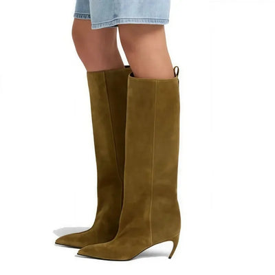 2025 Autumn/Winter New Suede Leather Pointed Stiletto Sleeve Boots European and American Fashion Banquet Shoes Red Wedding Shoes