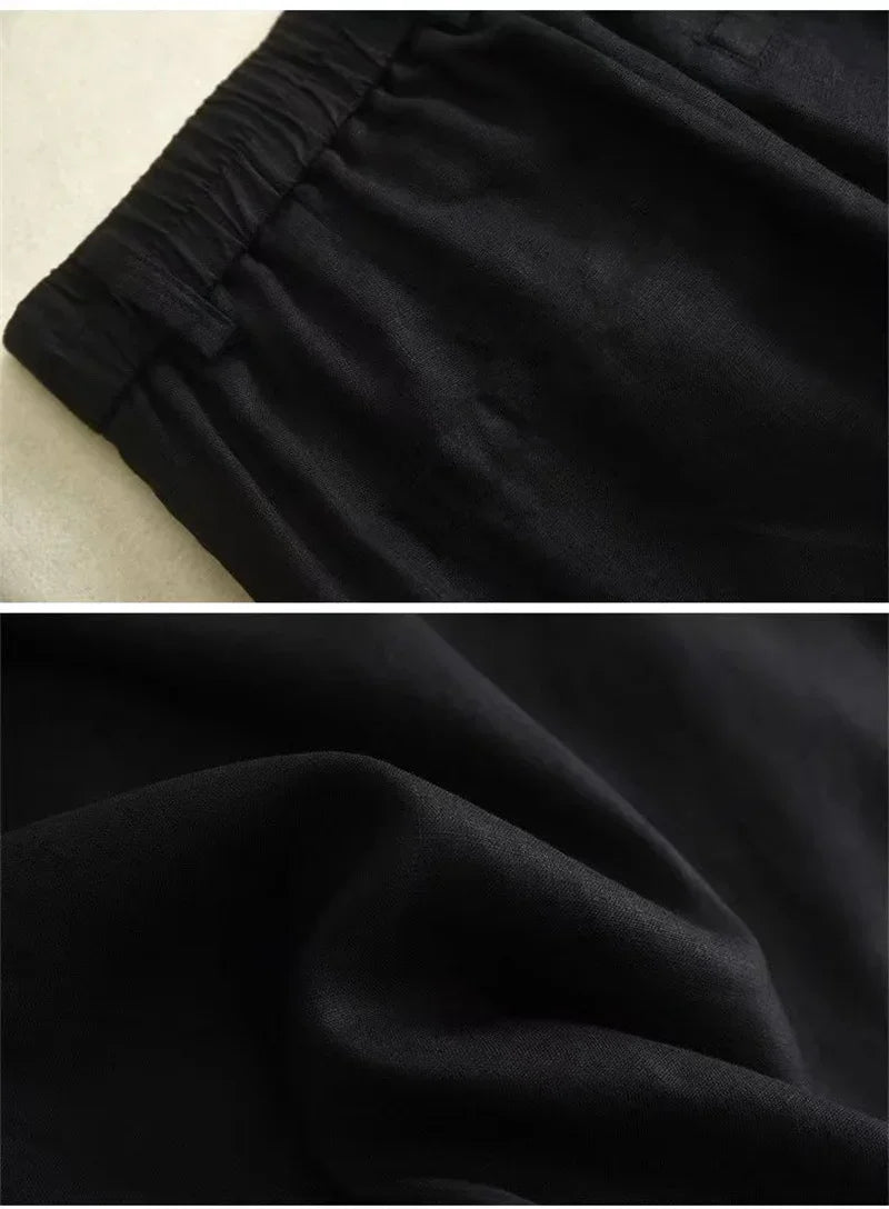 Women's Cotton Linen Straight Trousers Elastic High Waist Wild Wide Leg Pants Female Spring Summer Solid Color Loose Linen Pants