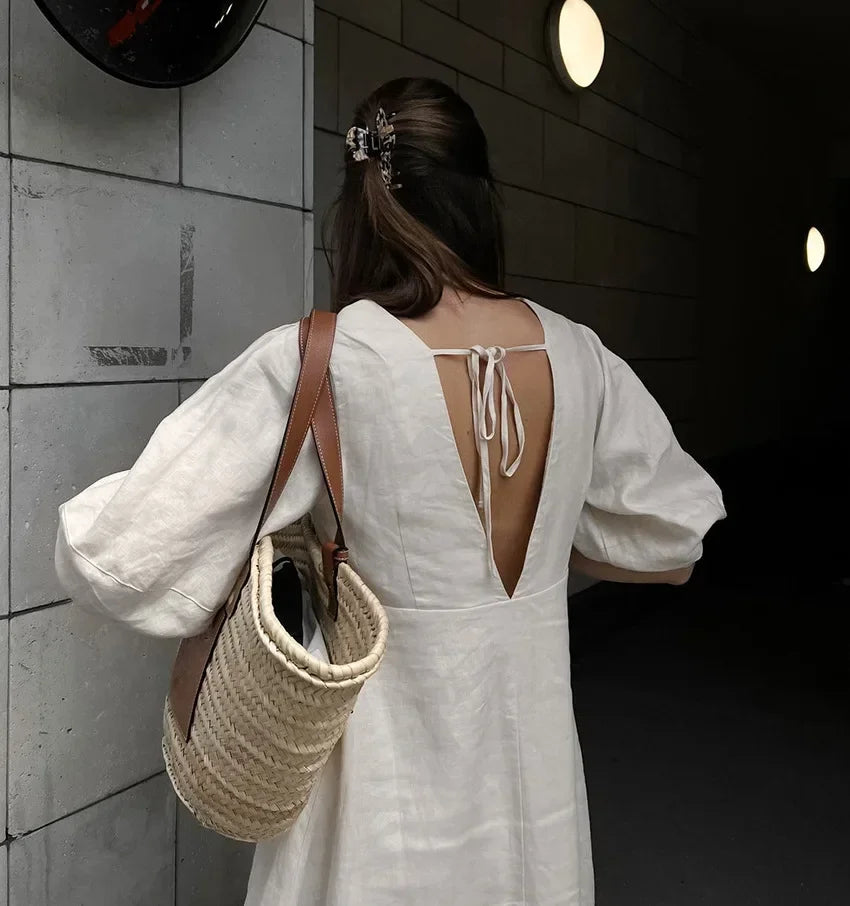 Retro Cotton Linen Women'S Summer Dress Sexy V-Neck Puff Sleeve Long Maxi Birthday Graduation Dresses Beach Sundress Robe Femmes