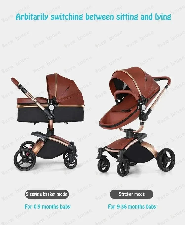 3-in-1 Luxury High-view Baby Stroller with Car Seat Foldable Newborn Baby Stroller PU Leather Two-way Baby Stroller